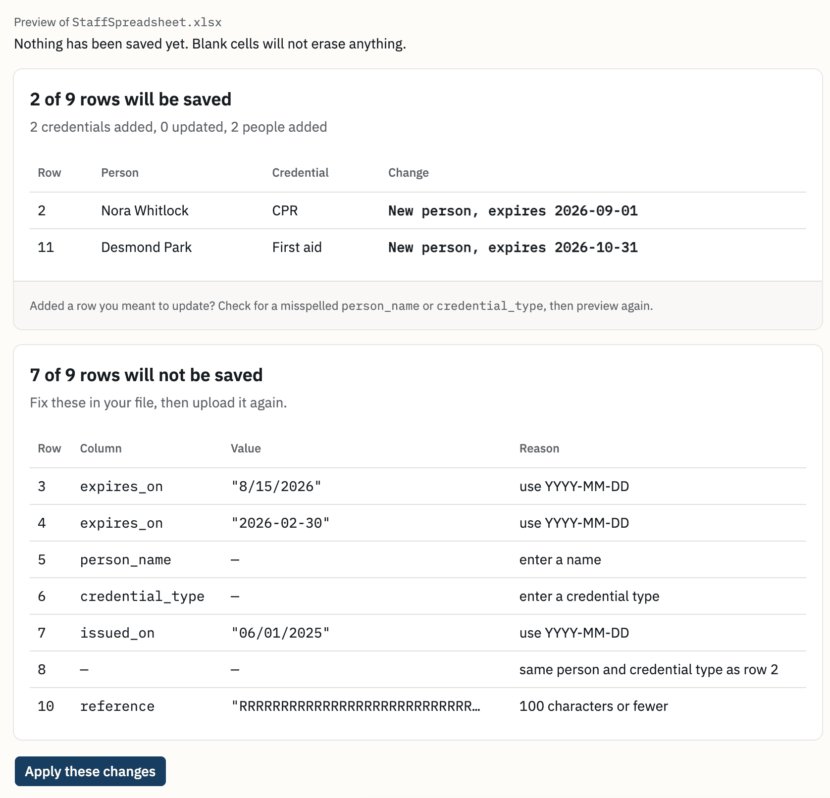 The import screen, showing a pasted spreadsheet previewed before anything is saved, with counts of the rows that will be added, updated, and skipped.